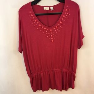 Chico's 1 Tunic Top S Beaded Gathered Waist Pink